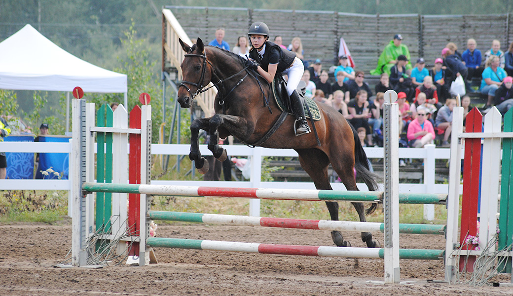 Keskittynyt Leona Kunnamo Panferralla junioriluokan estekilpailussa. Koncentrerade Leona Kunnamo på Panferra i juniorernas klass i hoppning.